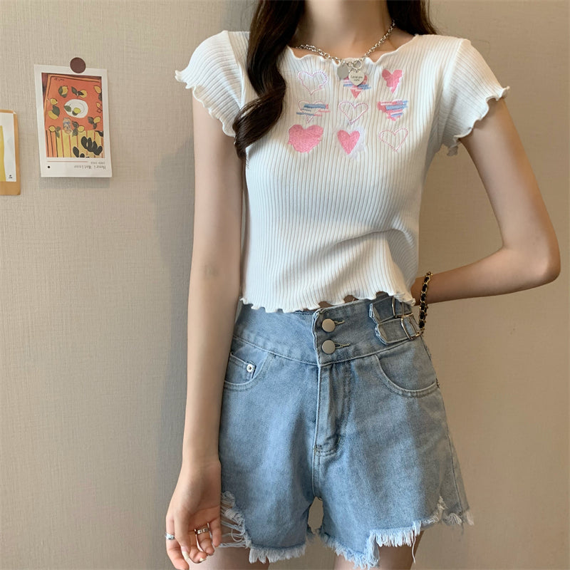 Heart Ruffle Knitted T-shirt Top