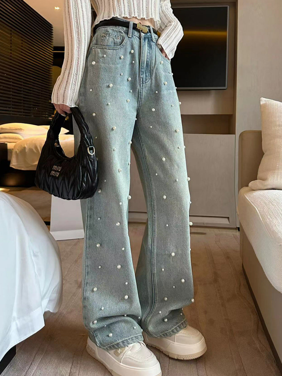 Pearl Embellish Wide Leg Jeans - Fashionnsio