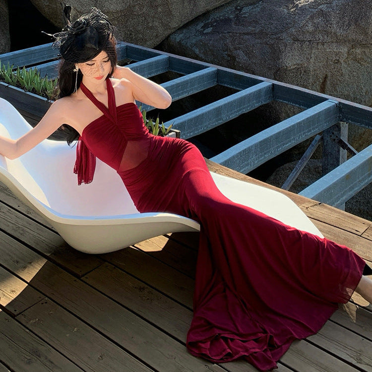 Halter Flared Maxi Dress - Fashionnsio