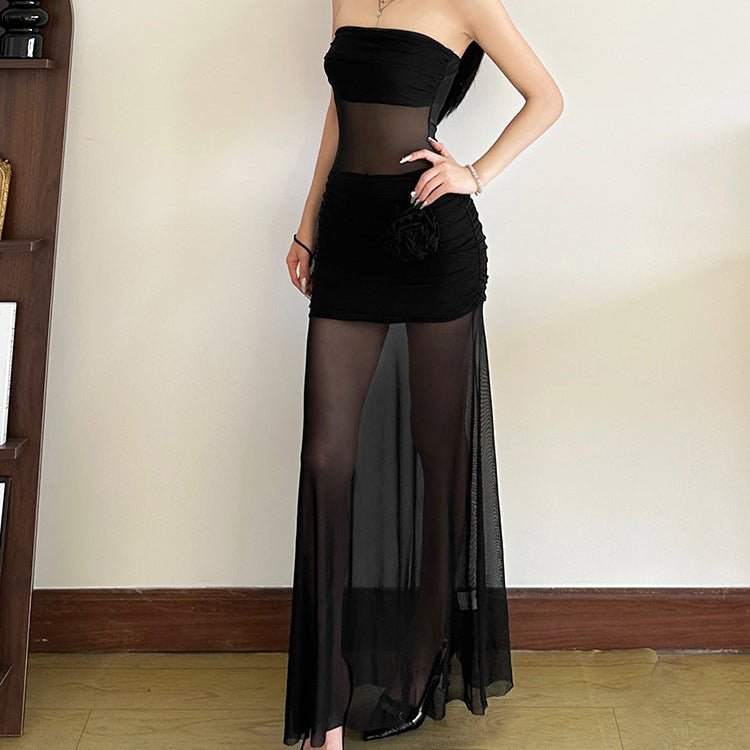 Floral Tube Mesh Long Dress - Fashionnsio
