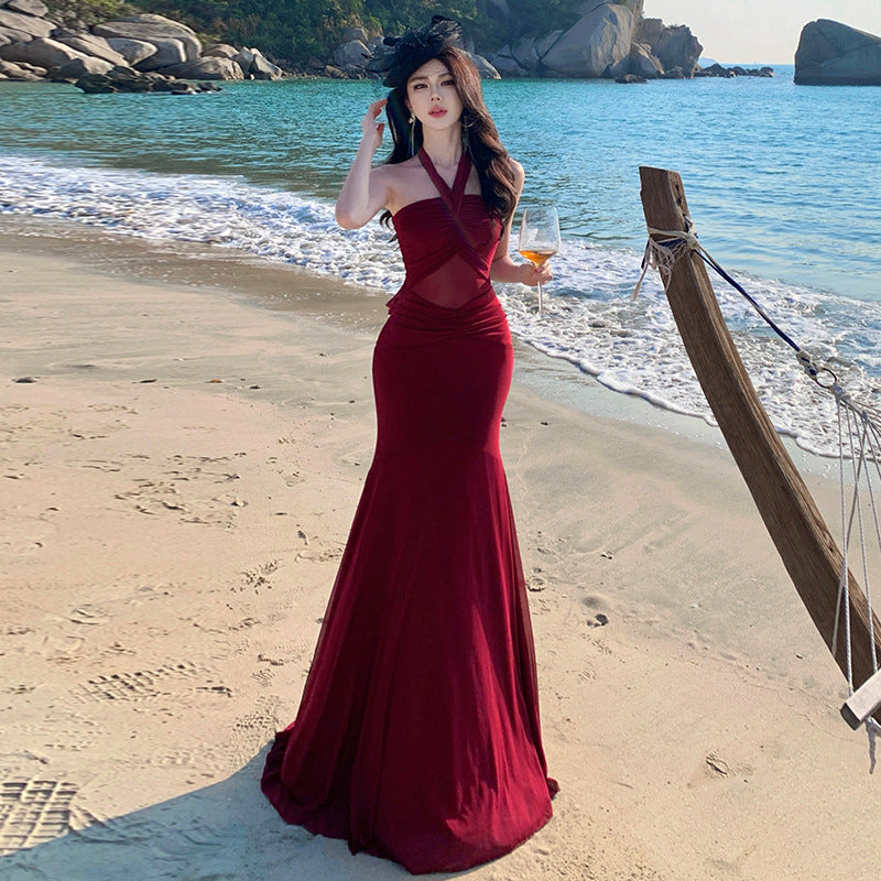 Halter Flared Maxi Dress - Fashionnsio