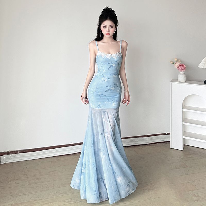 Printed Mesh Fairy Long Dress - Fashionnsio