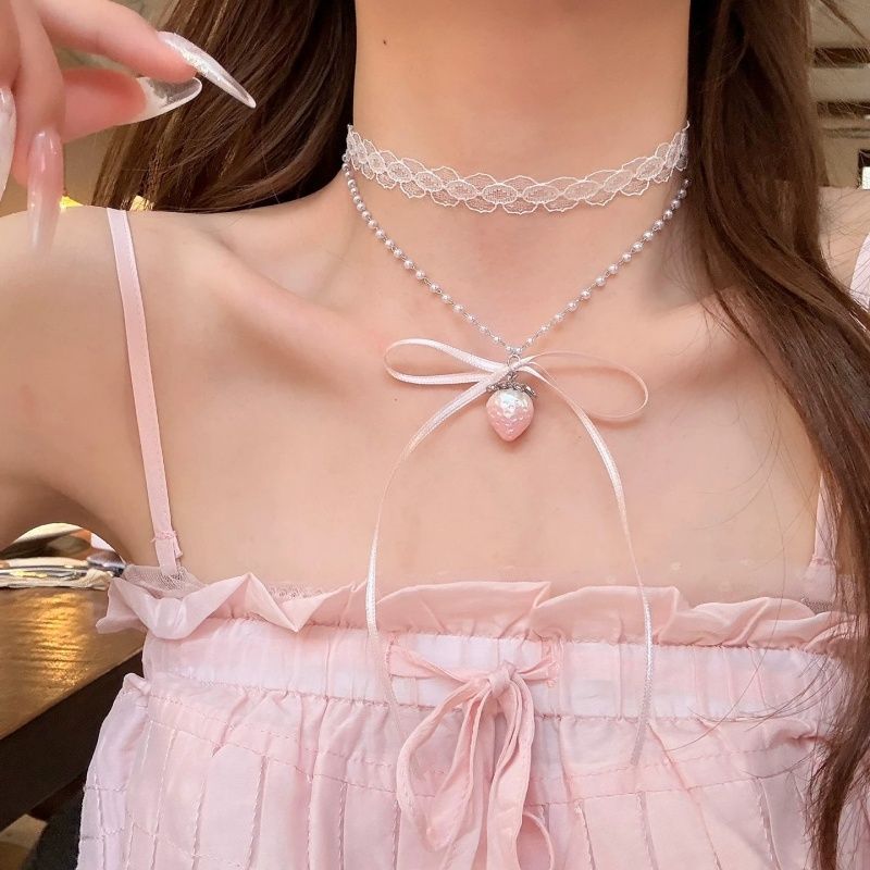 Strawberry Lace Bow Choker - Fashionnsio