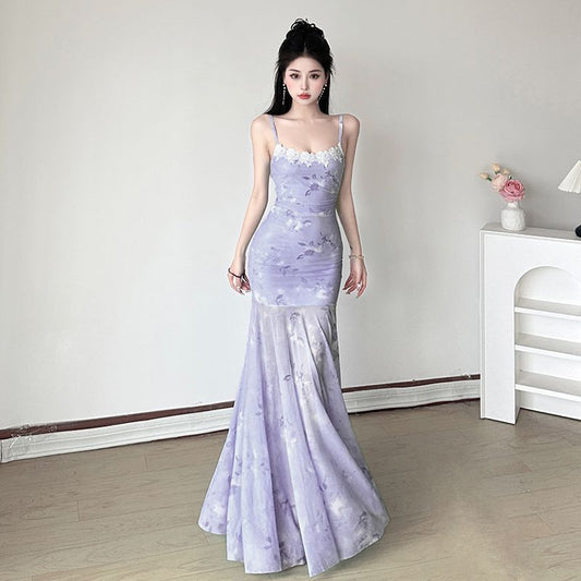 Printed Mesh Fairy Long Dress - Fashionnsio