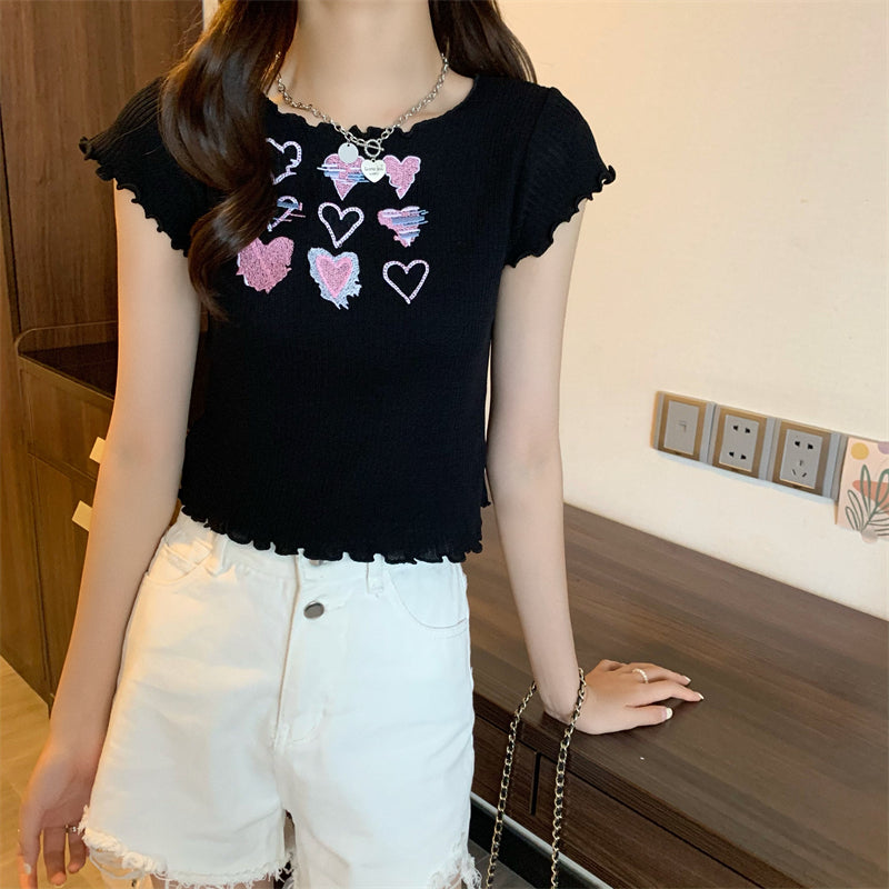 Heart Ruffle Knitted T-shirt Top