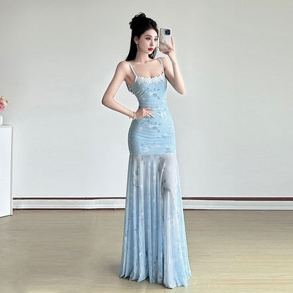 Printed Mesh Fairy Long Dress - Fashionnsio
