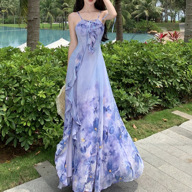 Ruffle Floral Printed Fairy Long Dress