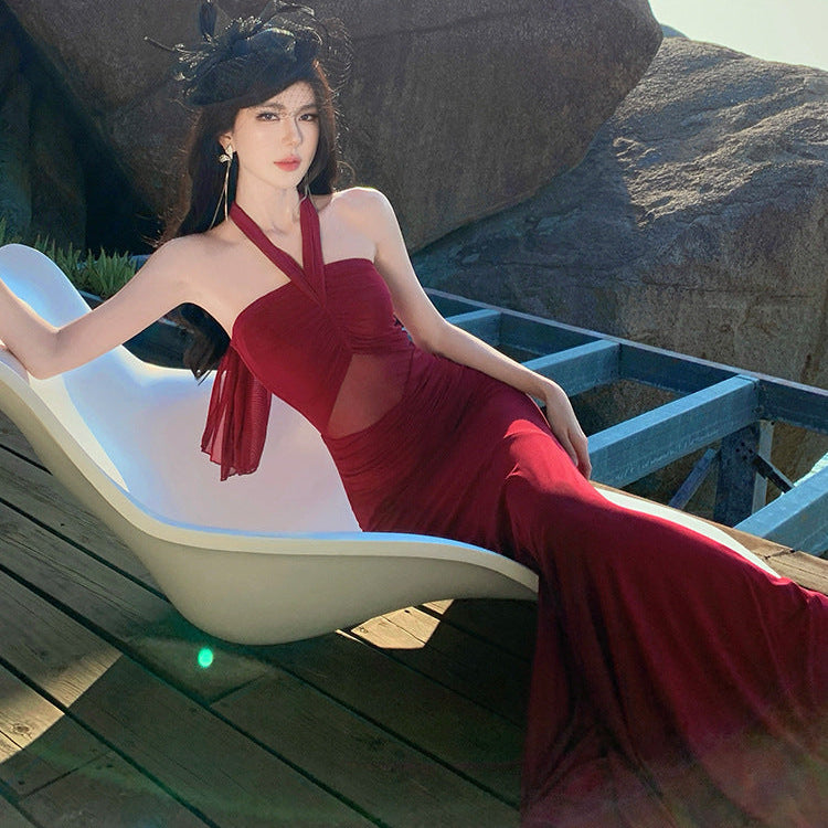 Halter Flared Maxi Dress - Fashionnsio