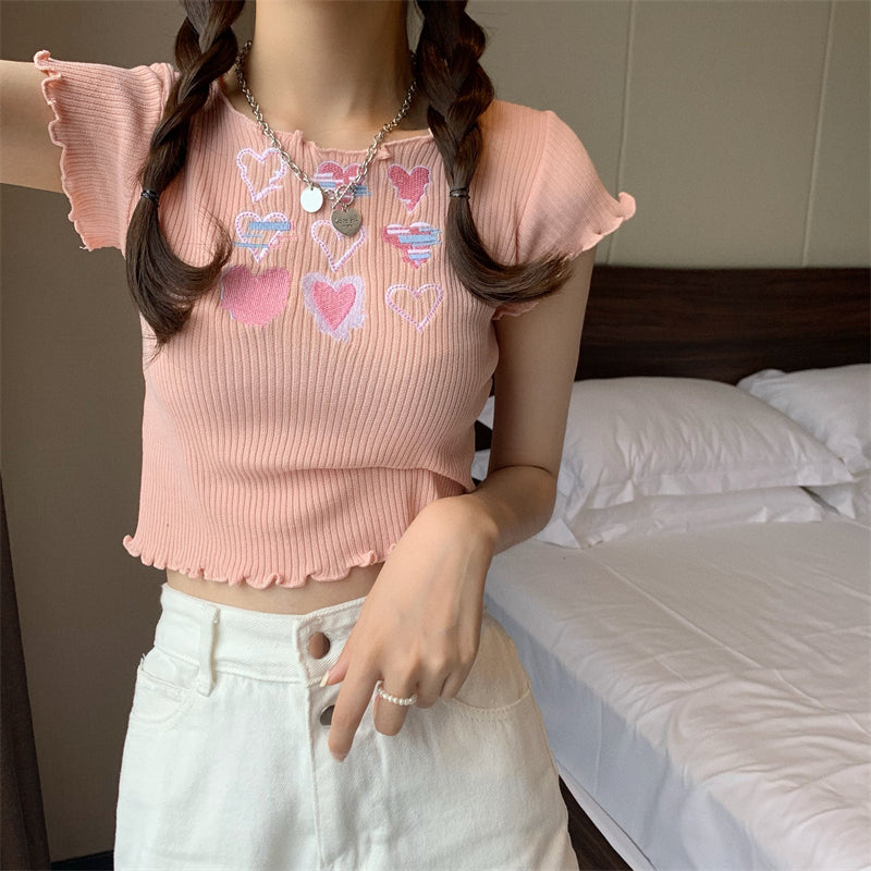 Heart Ruffle Knitted T-shirt Top