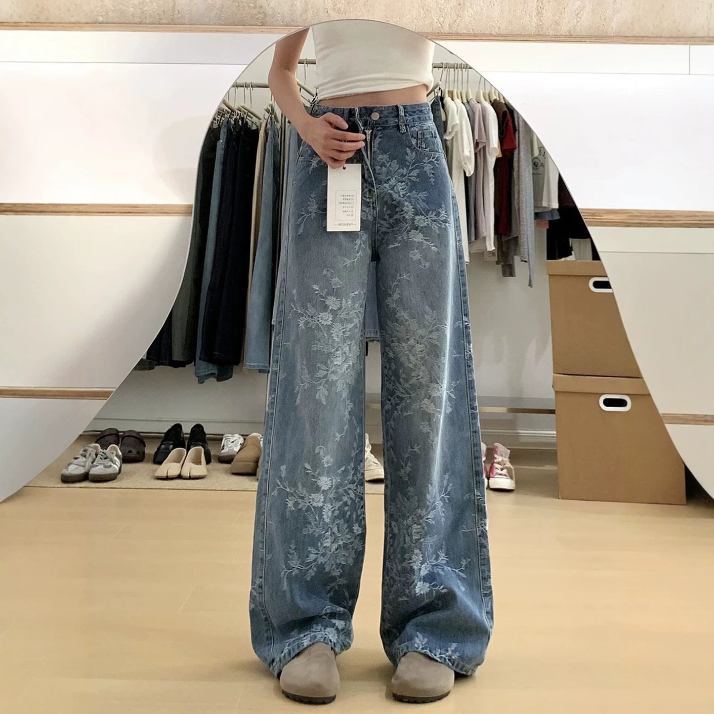 Floral Embroidery Wide Leg Jeans - Fashionnsio