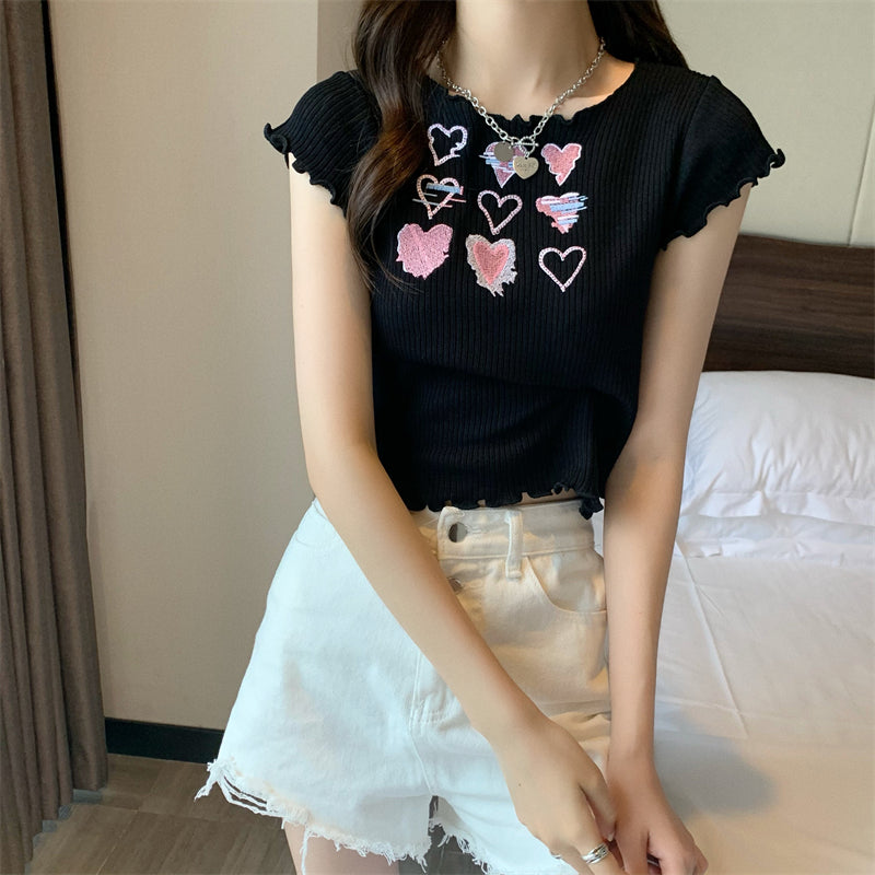 Heart Ruffle Knitted T-shirt Top