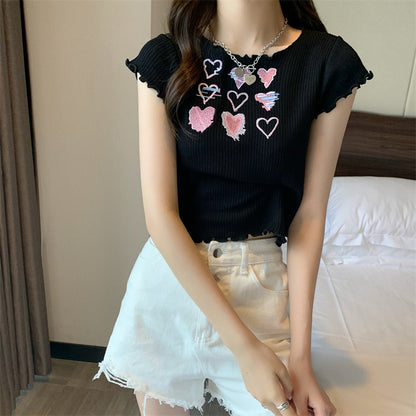 Heart Ruffle Knitted T-shirt Top