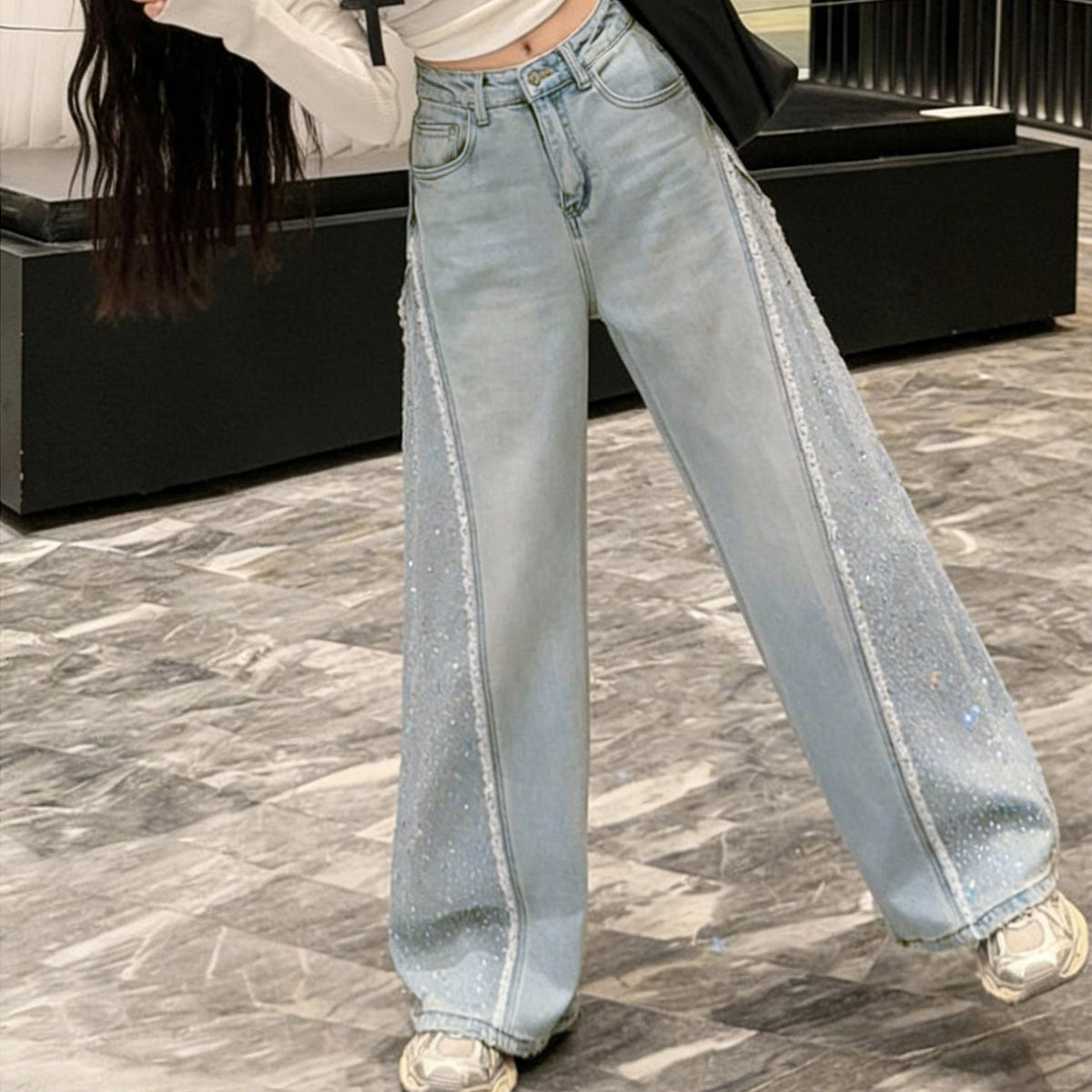 Wide Leg Sparkling Rhinestone Jeans - Fashionnsio