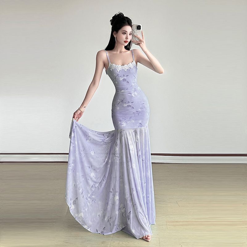 Printed Mesh Fairy Long Dress - Fashionnsio