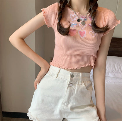 Heart Ruffle Knitted T-shirt Top