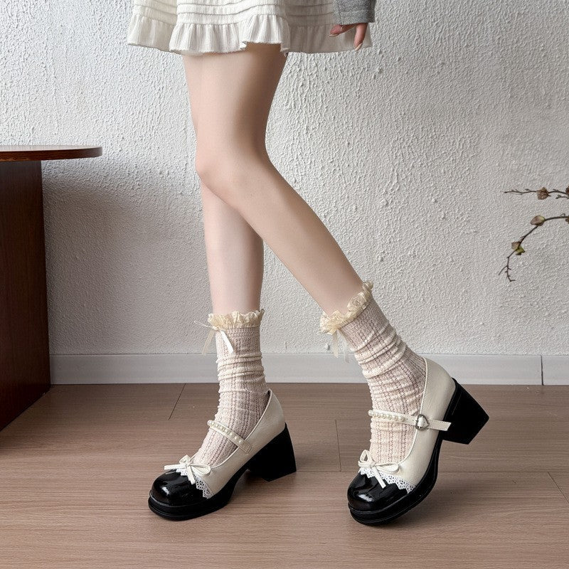 Pearl Strap Bow Chunky Heels - Fashionnsio