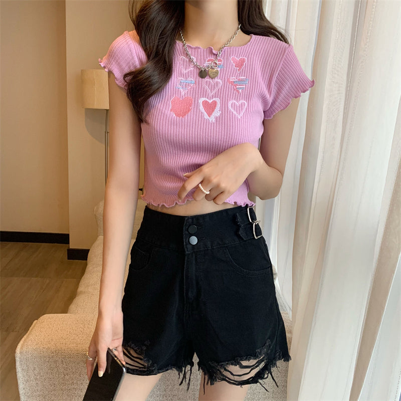 Heart Ruffle Knitted T-shirt Top