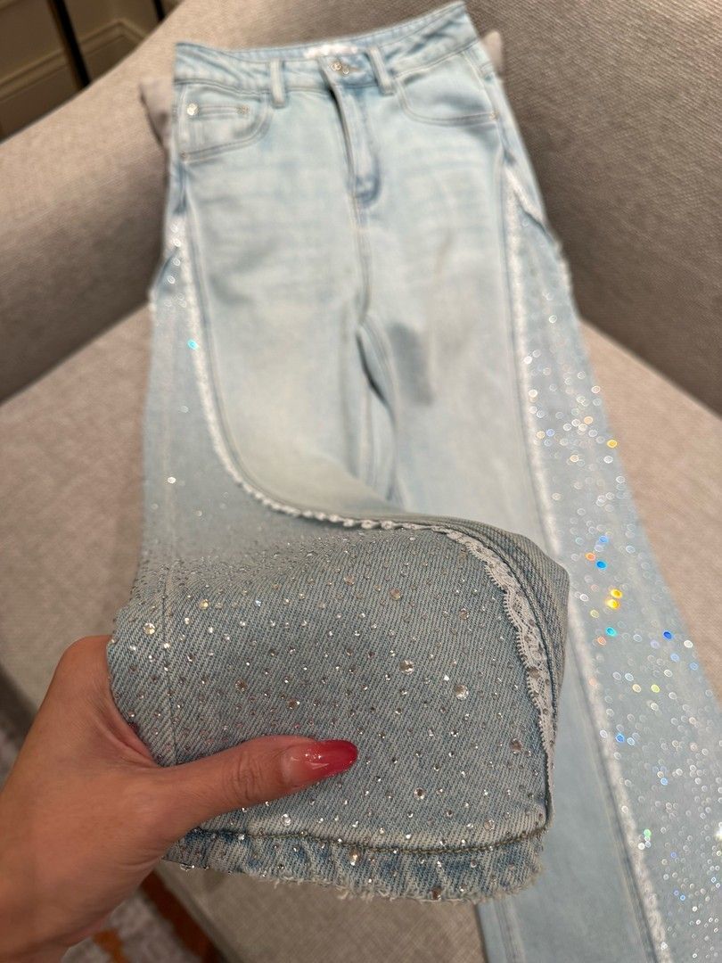 Wide Leg Sparkling Rhinestone Jeans - Fashionnsio