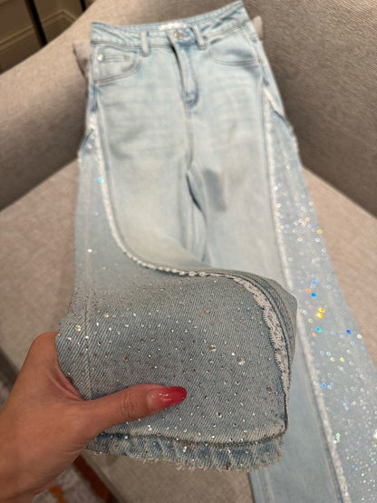 Wide Leg Sparkling Rhinestone Jeans - Fashionnsio