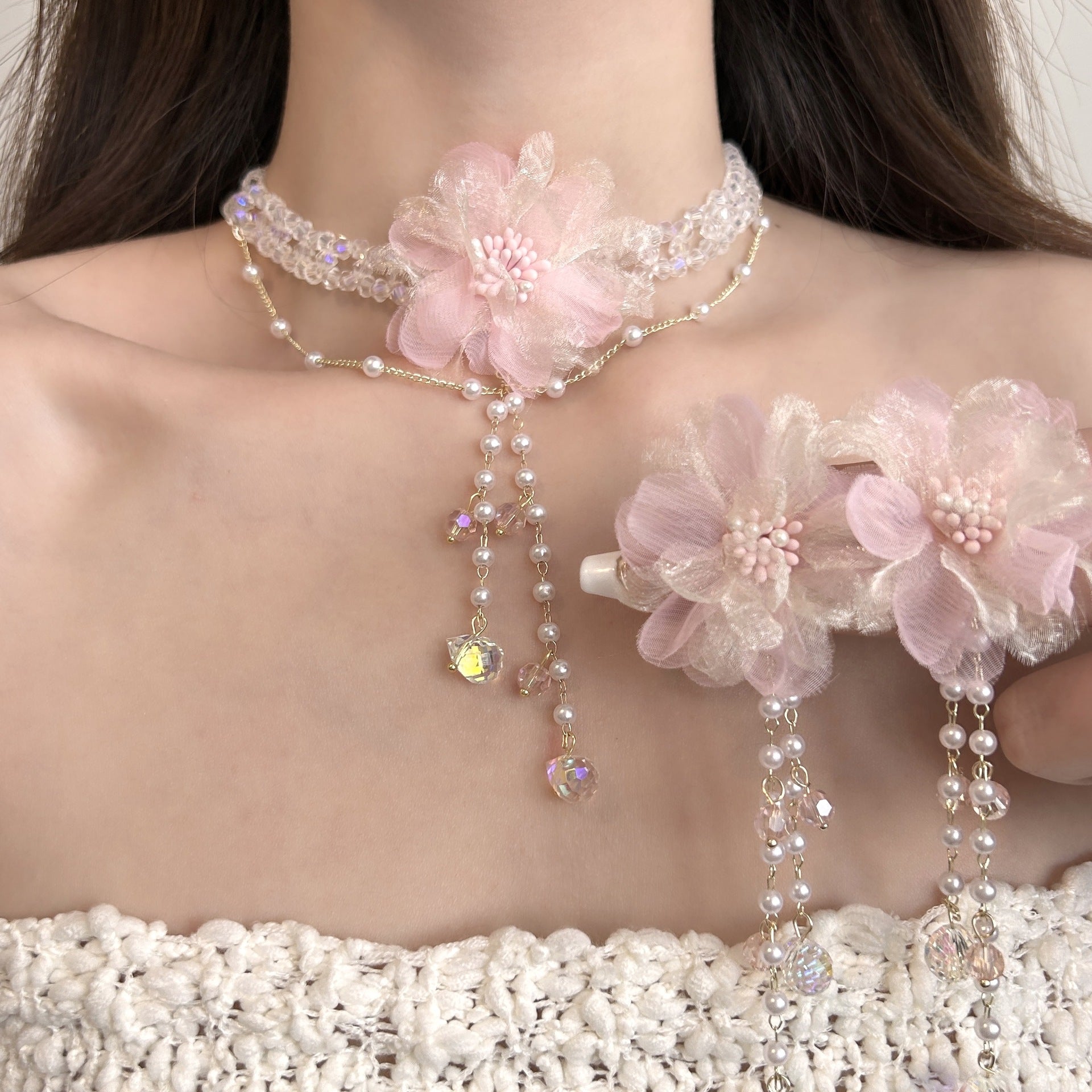Crystal Flower Pearl Jewelry Set - Fashionnsio