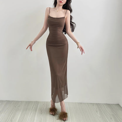 Pleated Mesh Slim Fit Dress