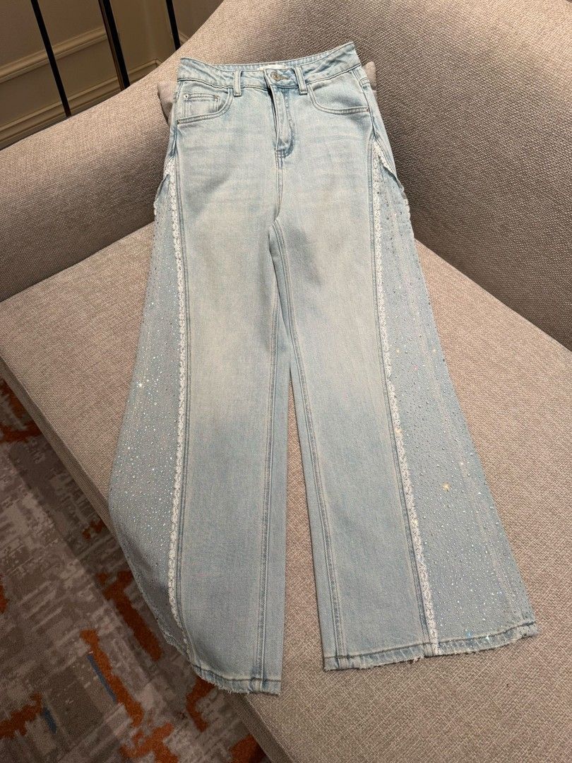 Wide Leg Sparkling Rhinestone Jeans - Fashionnsio