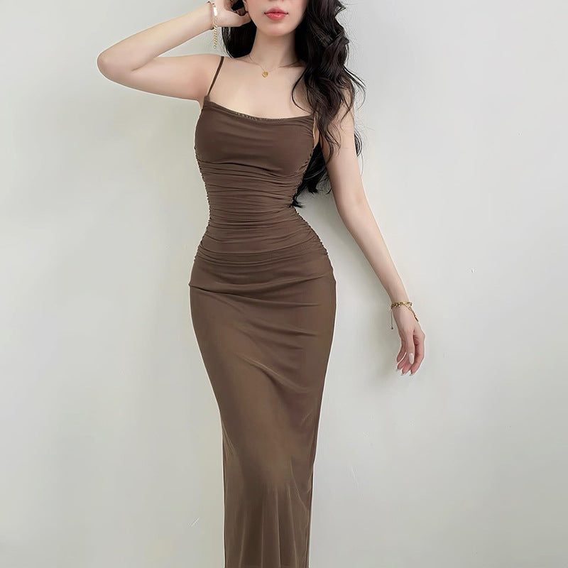 Pleated Mesh Slim Fit Dress