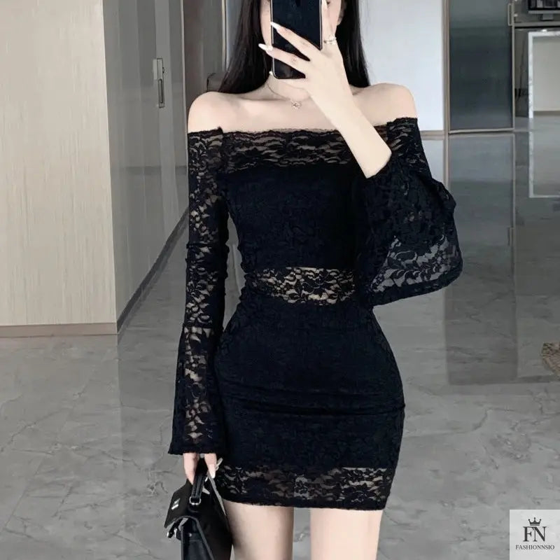 Off Shoulder Lace Mini Dress - Fashionnsio