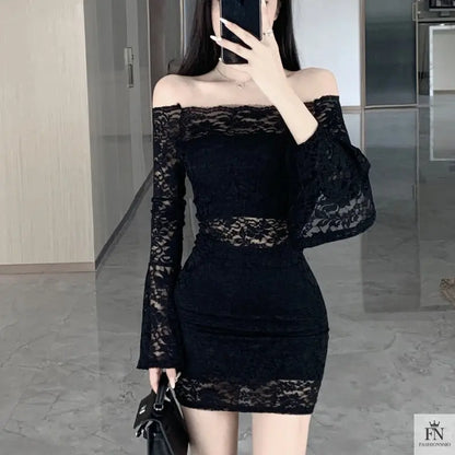 Off Shoulder Lace Mini Dress - Fashionnsio