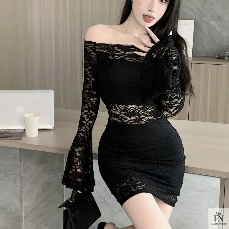 Off Shoulder Lace Mini Dress - Fashionnsio