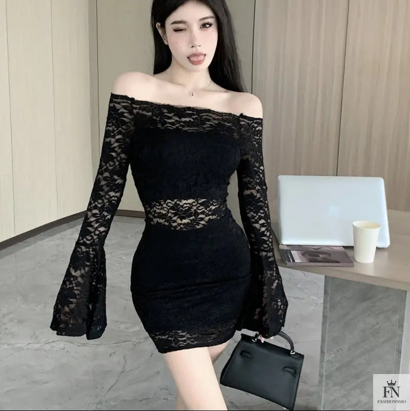 Off Shoulder Lace Mini Dress - Fashionnsio