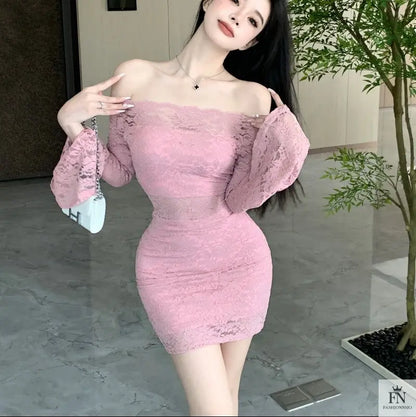 Off Shoulder Lace Mini Dress - Fashionnsio