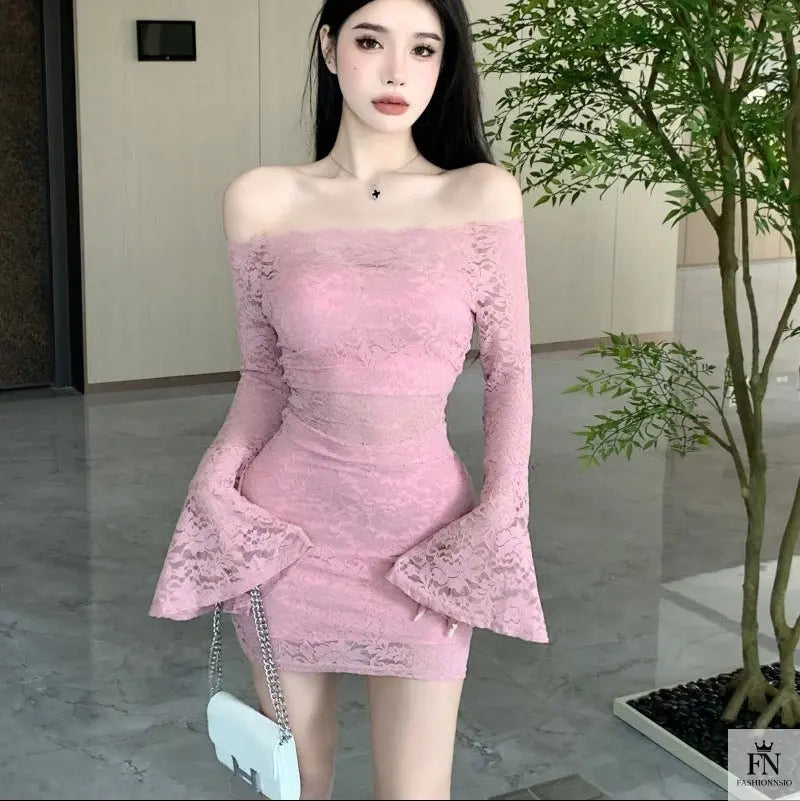 Off Shoulder Lace Mini Dress - Fashionnsio