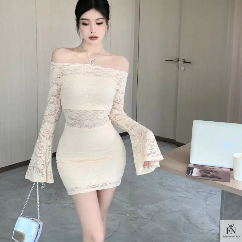 Off Shoulder Lace Mini Dress - Fashionnsio