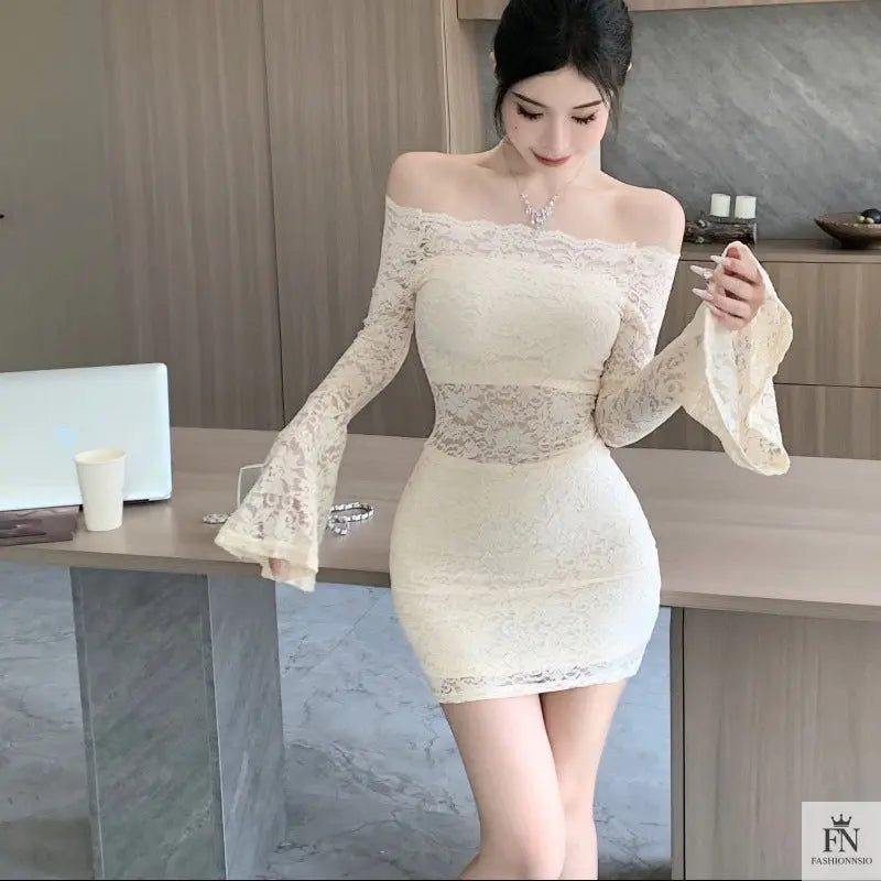 Off Shoulder Lace Mini Dress - Fashionnsio