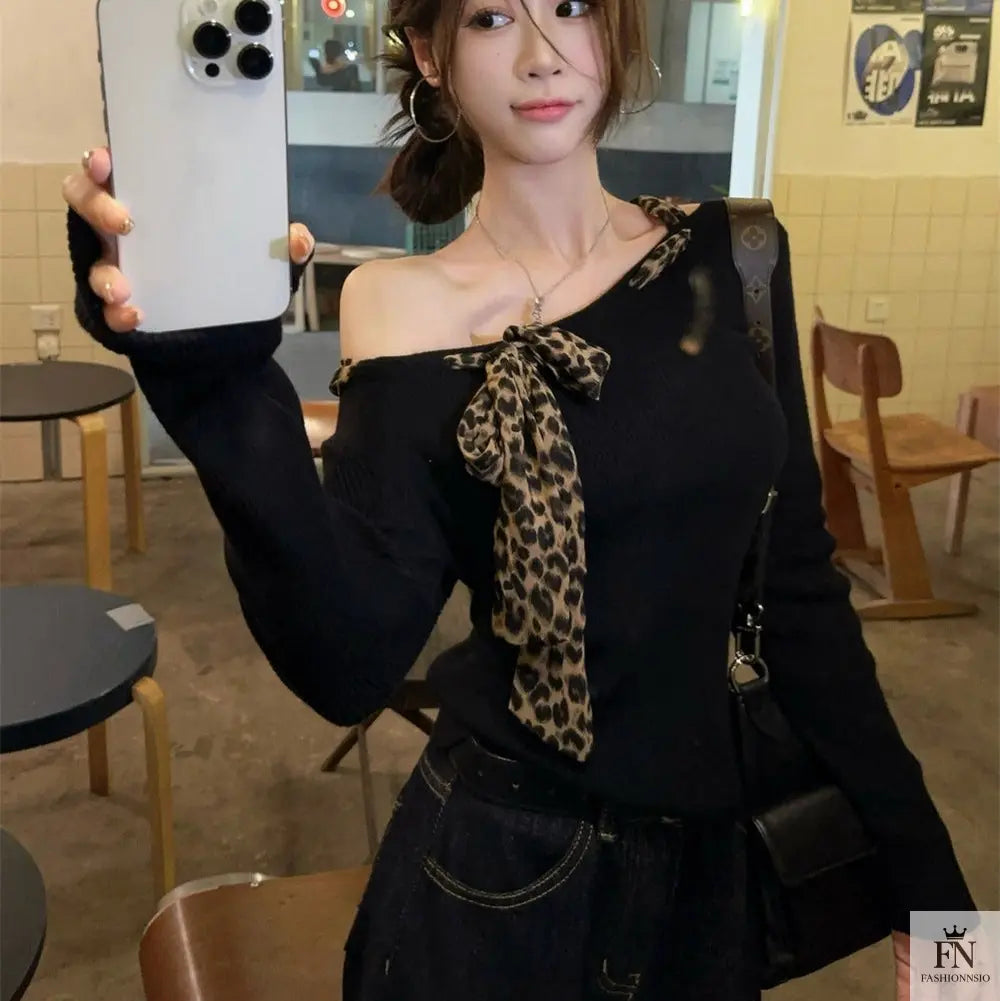 Off Shoulder Leopard Print Bow Top - Fashionnsio
