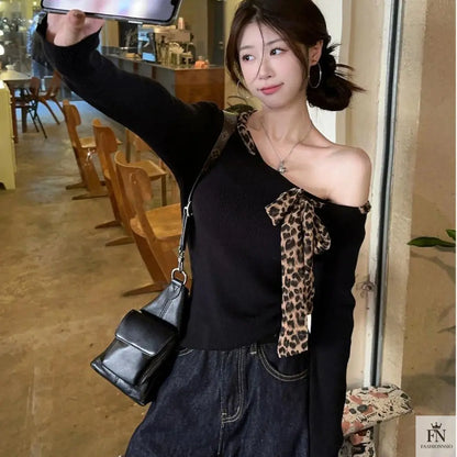 Off Shoulder Leopard Print Bow Top - Fashionnsio
