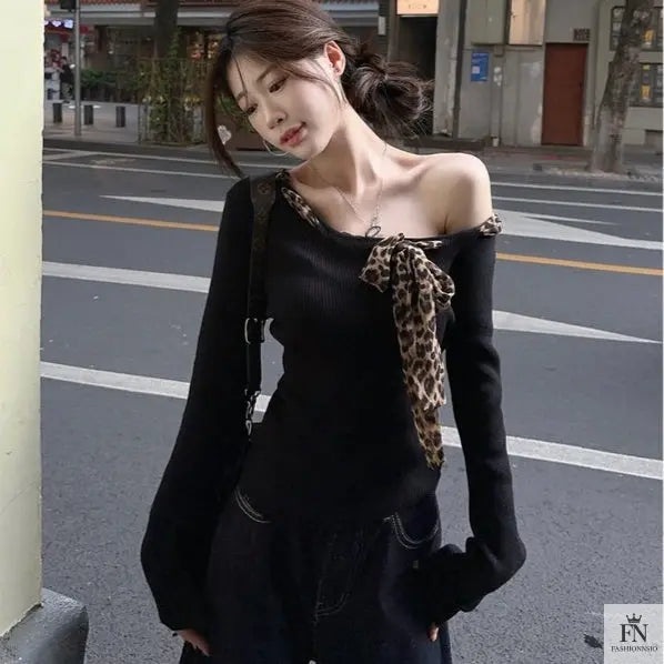 Off Shoulder Leopard Print Bow Top - Fashionnsio