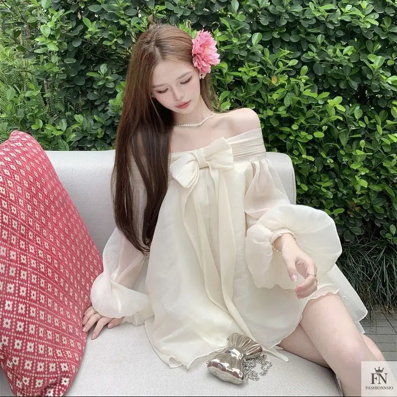 Off Shoulder Mini Bow Dress - Fashionnsio