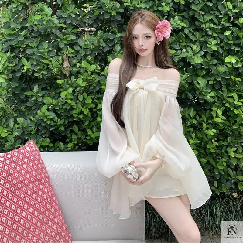 Off Shoulder Mini Bow Dress - Fashionnsio
