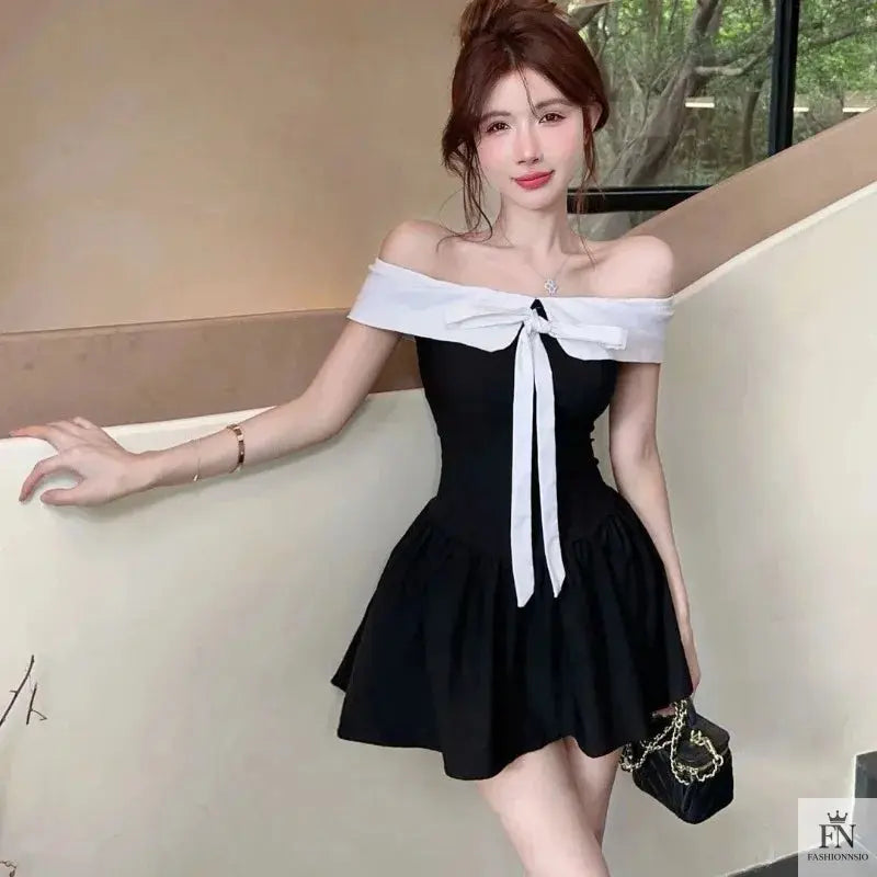Off Shoulder Ribbon Bow Dress - Fashionnsio