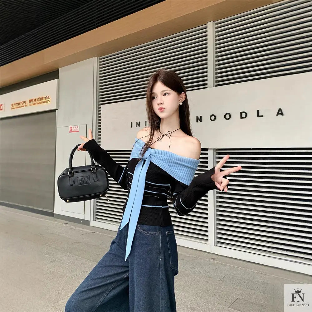 Off Shoulder Striped Knit Bow Top - Fashionnsio