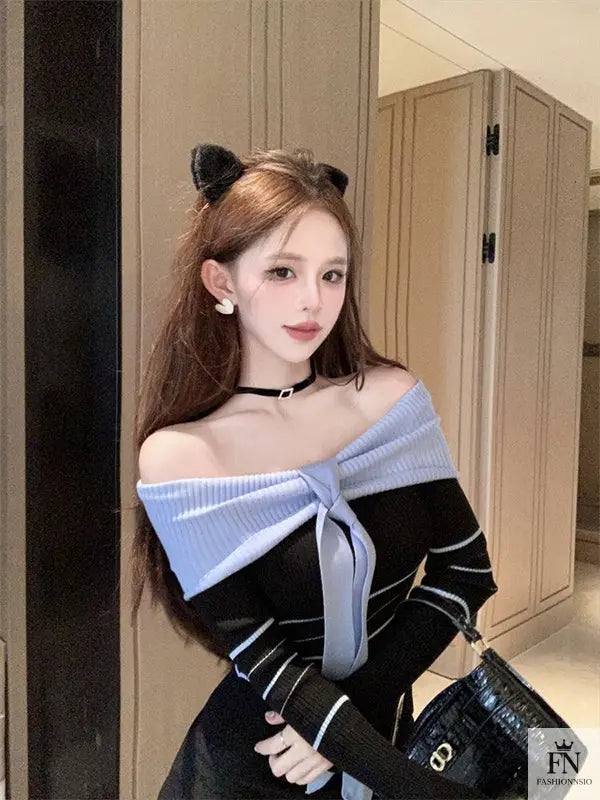 Off Shoulder Striped Knit Bow Top - Fashionnsio