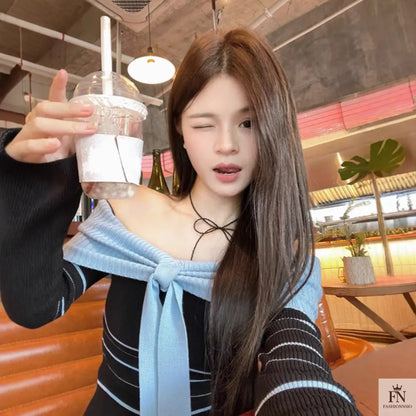 Off Shoulder Striped Knit Bow Top - Fashionnsio