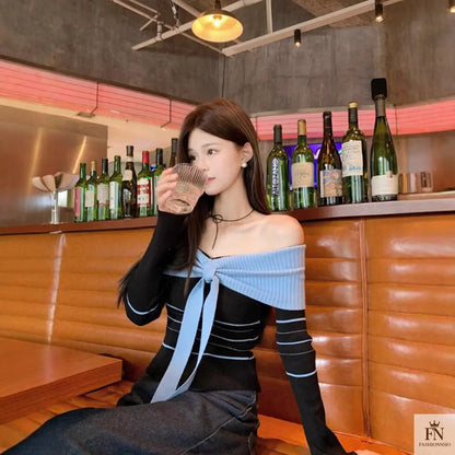 Off Shoulder Striped Knit Bow Top - Fashionnsio