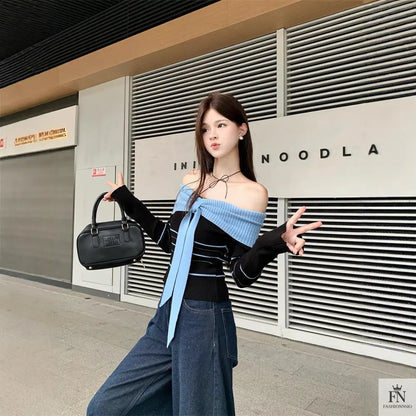 Off Shoulder Striped Knit Bow Top - Fashionnsio