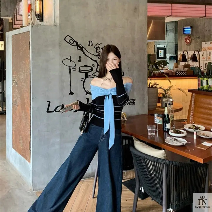 Off Shoulder Striped Knit Bow Top - Fashionnsio