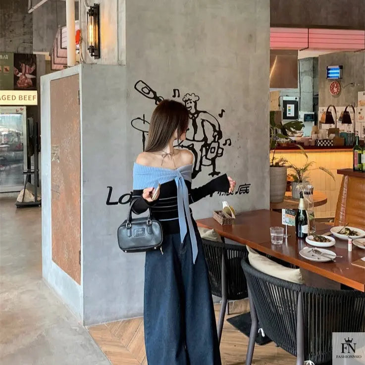 Off Shoulder Striped Knit Bow Top - Fashionnsio