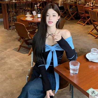Off Shoulder Striped Knit Bow Top - Fashionnsio