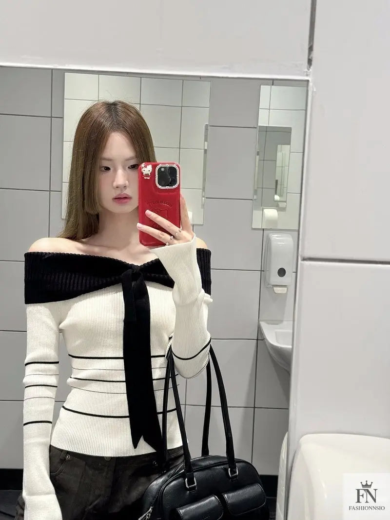 Off Shoulder Striped Knit Bow Top - Fashionnsio